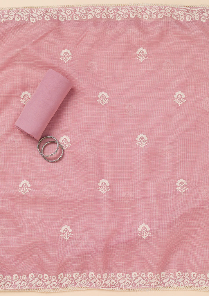 Onion Pink Tissue Silver Zardozi Work Unstitched Dress Material With Matching Bottom And Dupatta