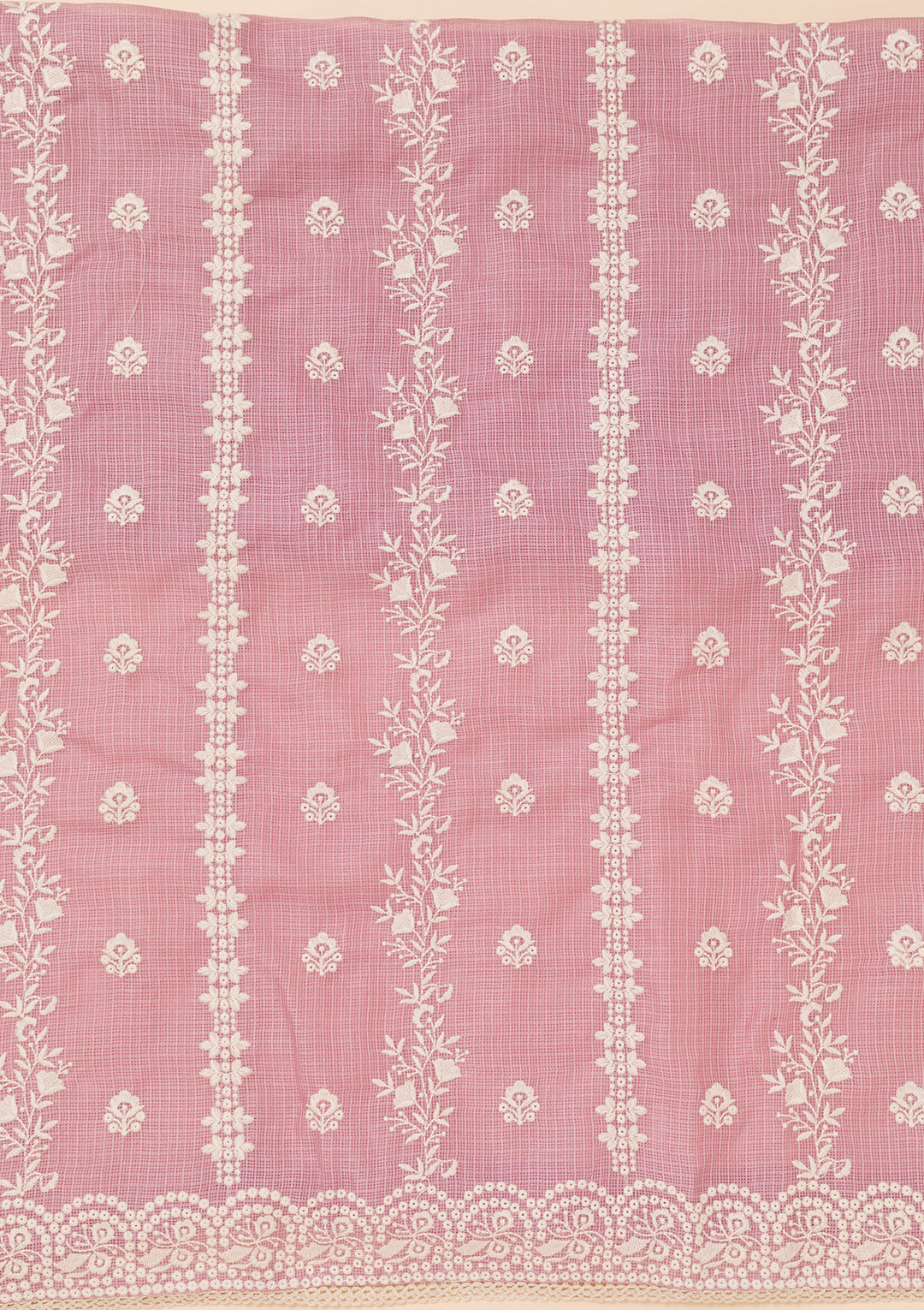 Onion Pink Tissue Silver Zardozi Work Unstitched Dress Material With Matching Bottom And Dupatta