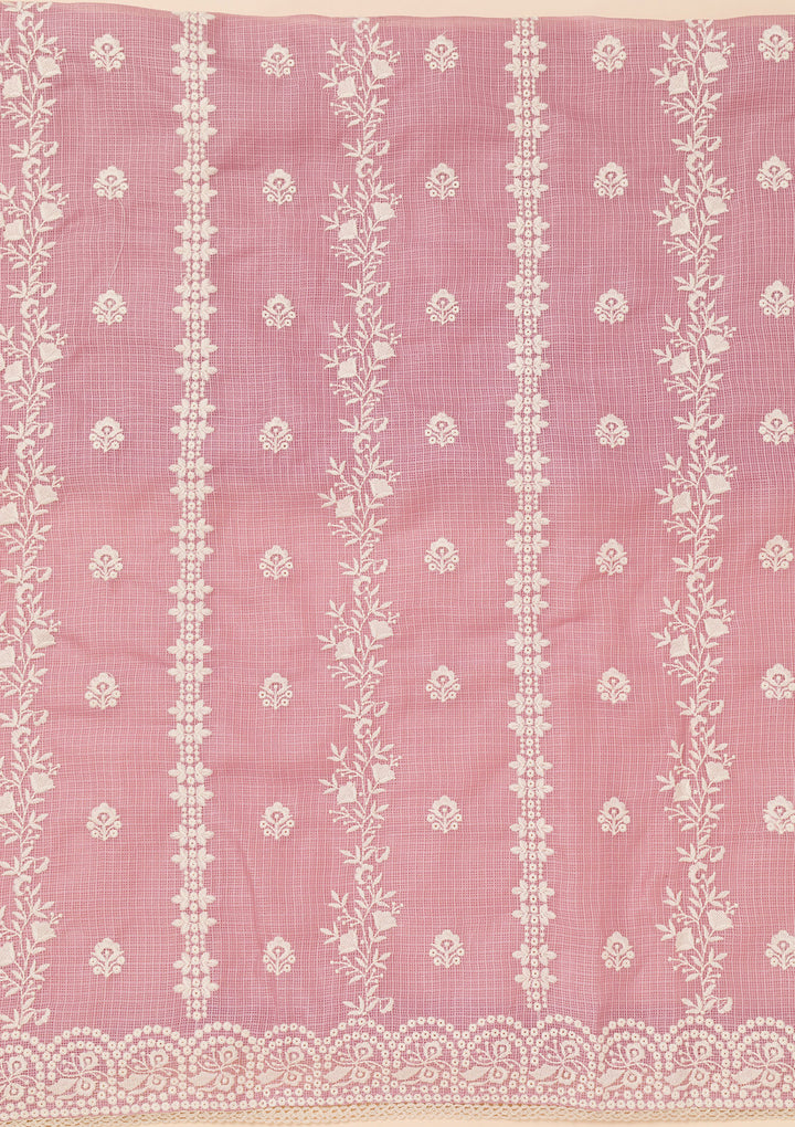 Onion Pink Tissue Silver Zardozi Work Unstitched Dress Material With Matching Bottom And Dupatta