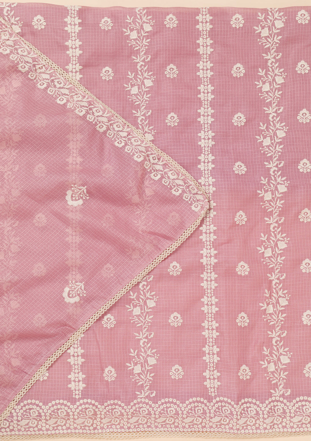 Onion Pink Tissue Silver Zardozi Work Unstitched Dress Material With Matching Bottom And Dupatta