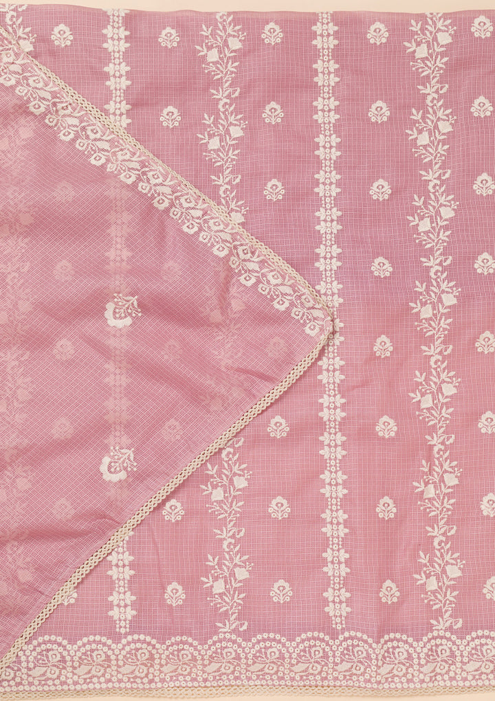 Onion Pink Tissue Silver Zardozi Work Unstitched Dress Material With Matching Bottom And Dupatta