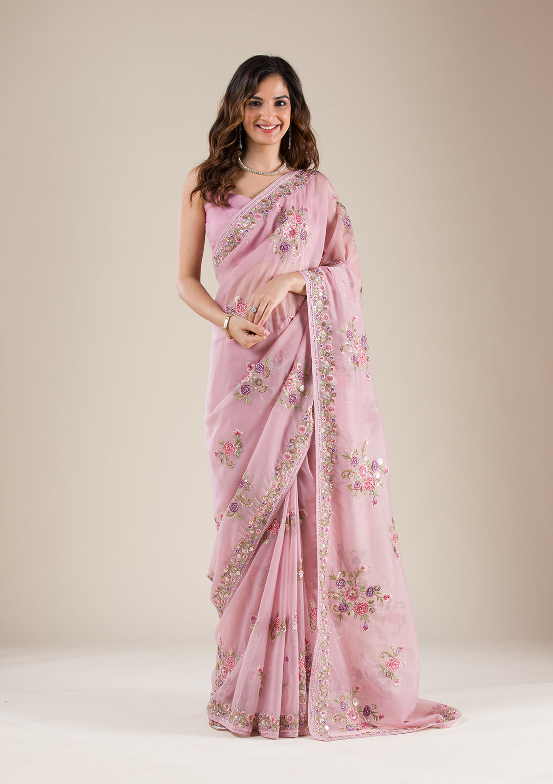 Onion Pink Threadwork Tissue Saree