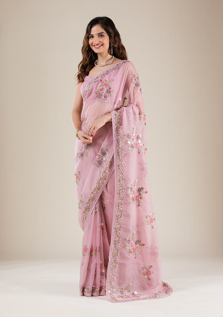 Onion Pink Threadwork Tissue Saree
