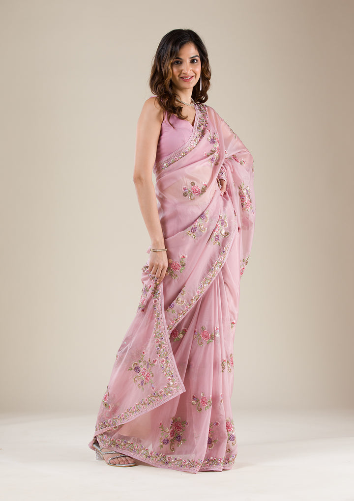 Onion Pink Threadwork Tissue Saree