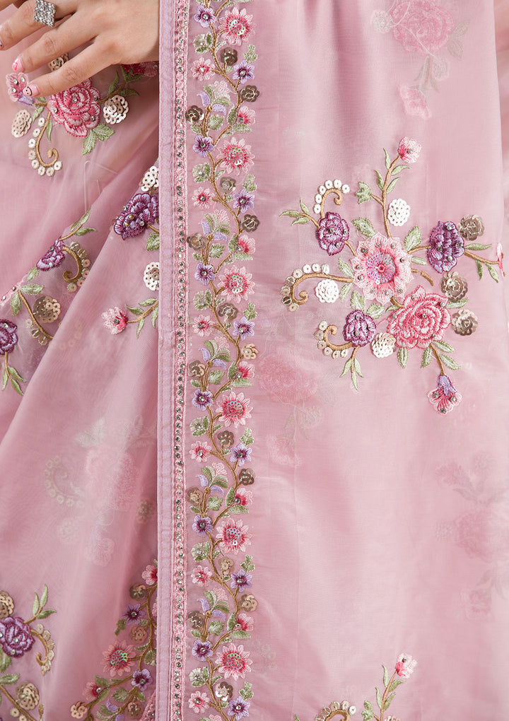 Onion Pink Threadwork Tissue Saree