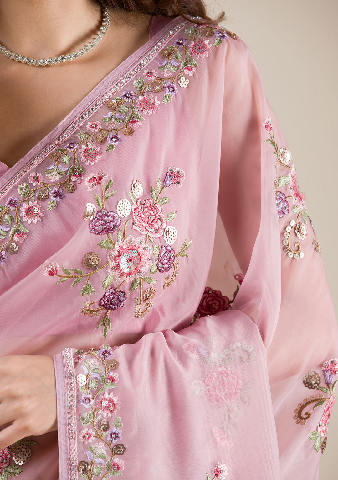 Onion Pink Threadwork Tissue Saree
