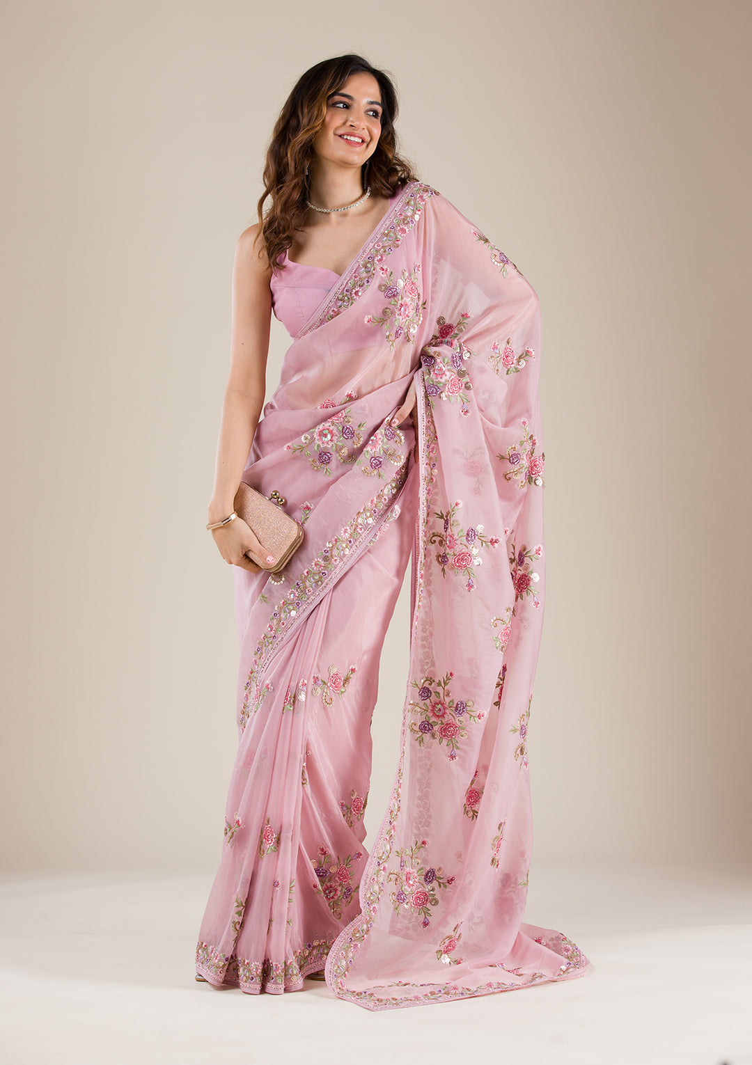 Onion Pink Threadwork Tissue Saree