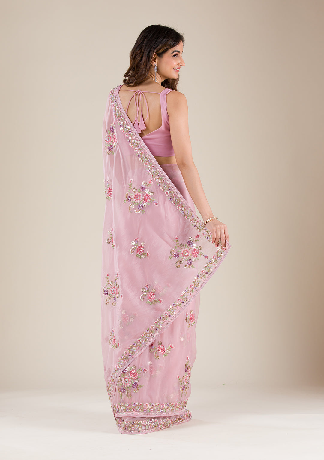 Onion Pink Threadwork Tissue Saree