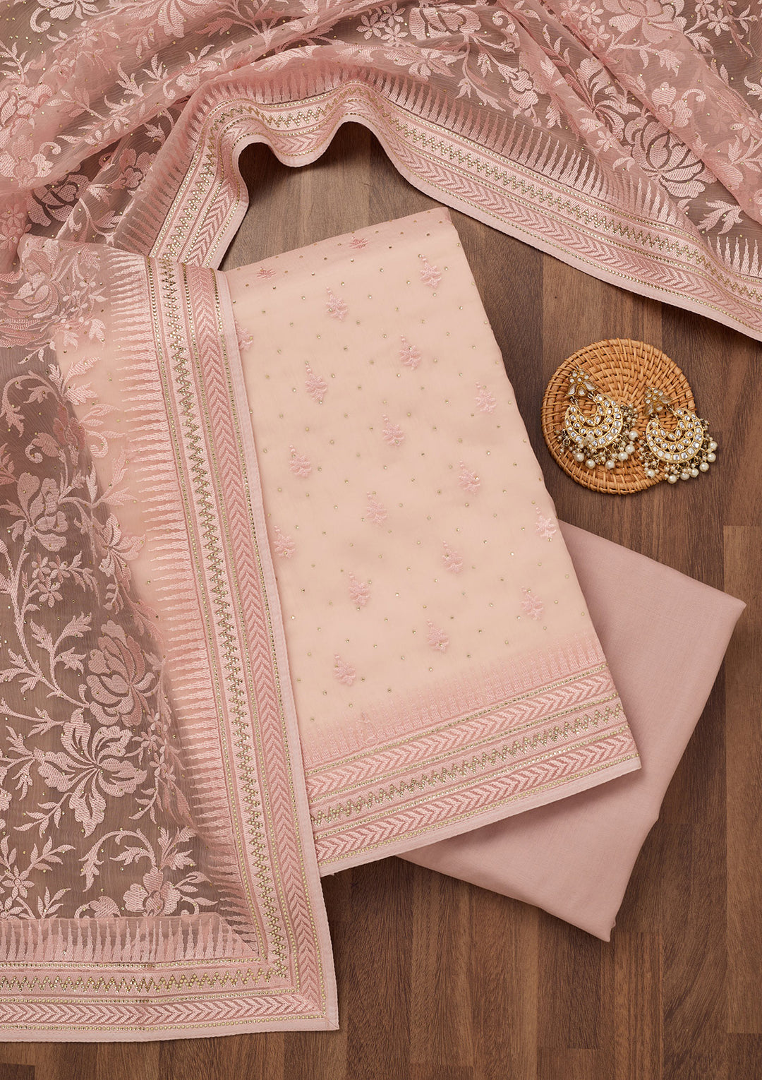 Onion Pink Threadwork Tissue Unstitched Salwar Suit