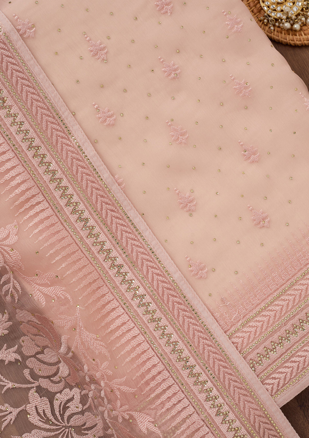 Onion Pink Threadwork Tissue Unstitched Salwar Suit