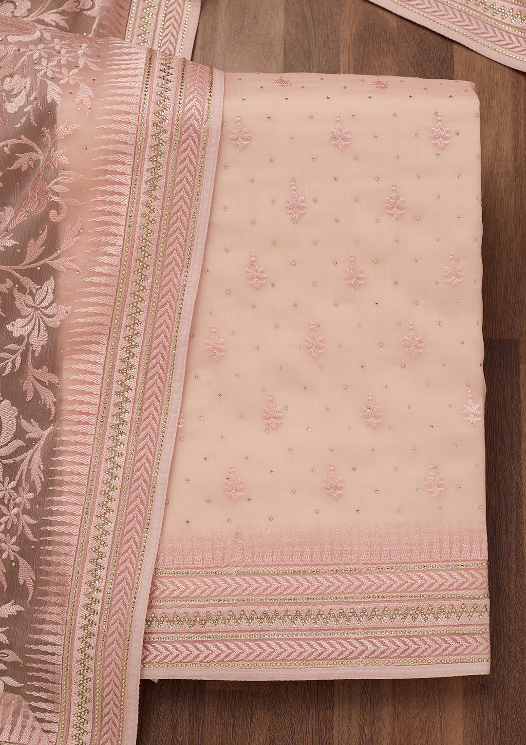 Onion Pink Threadwork Tissue Unstitched Salwar Suit