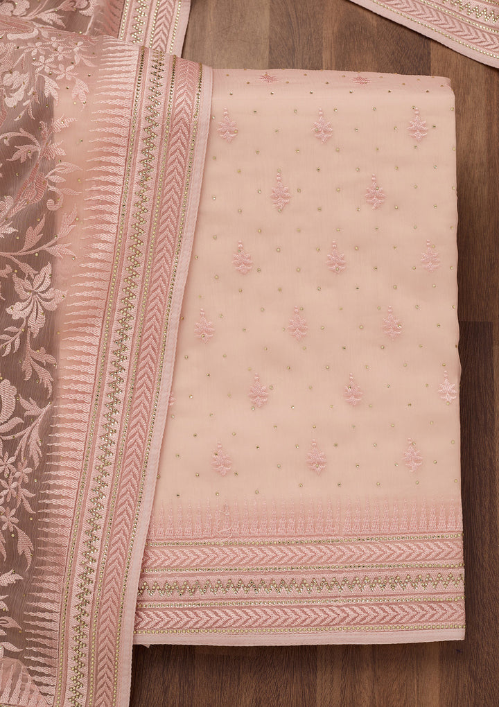 Onion Pink Threadwork Tissue Unstitched Salwar Suit