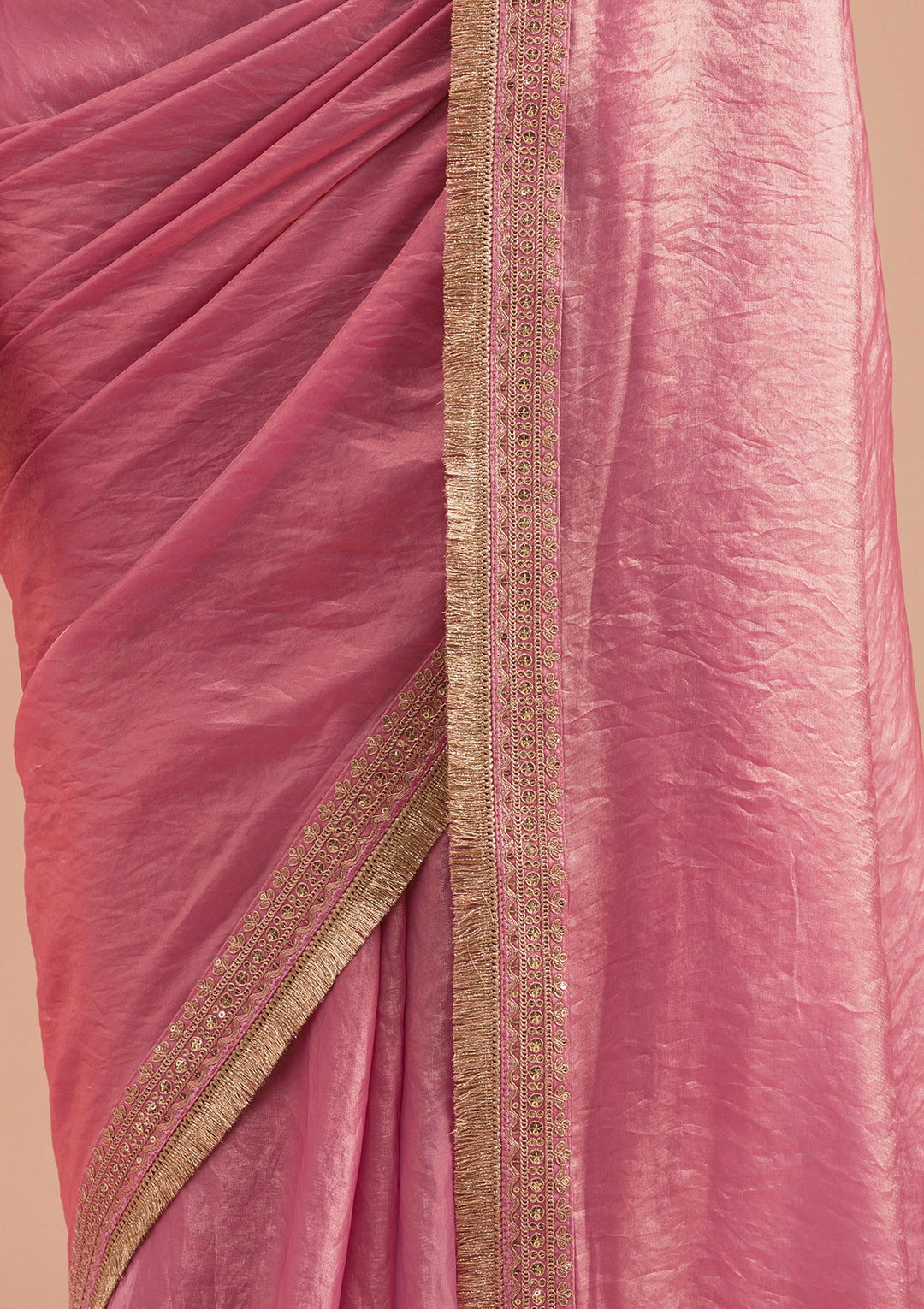 Onion Pink Tissue Cording Saree With Matching Blouse Piece