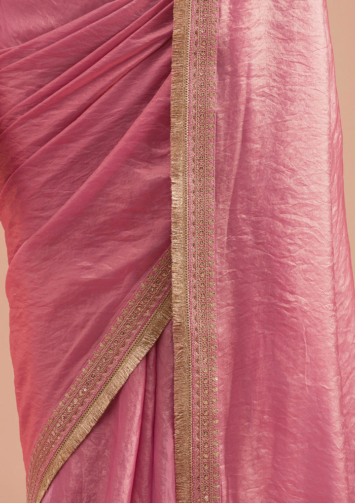 Onion Pink Tissue Cording Saree With Matching Blouse Piece