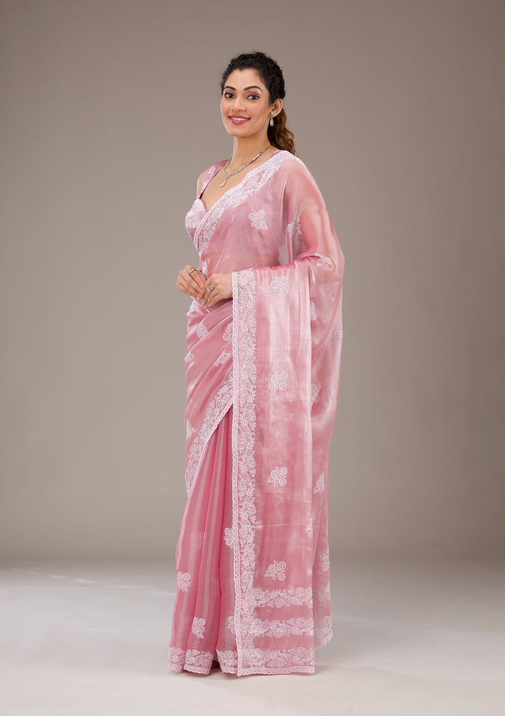 Onion Pink Threadwork Tissue Saree-Koskii