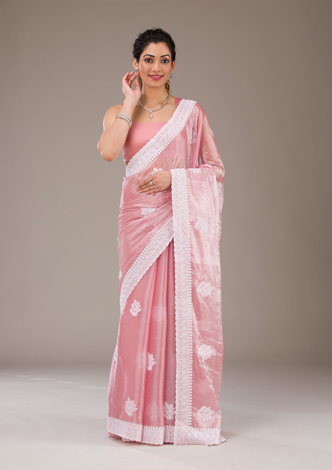 Onion Pink Threadwork Tissue Saree-Koskii