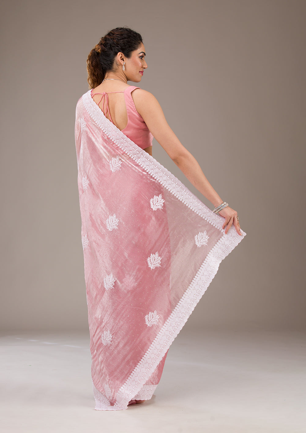 Onion Pink Threadwork Tissue Saree-Koskii