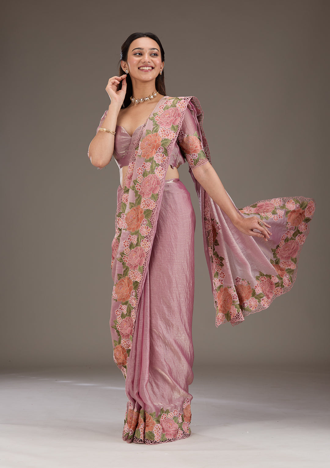 Koskii Tissue Lavender Saree – Elegant Cutwork Design