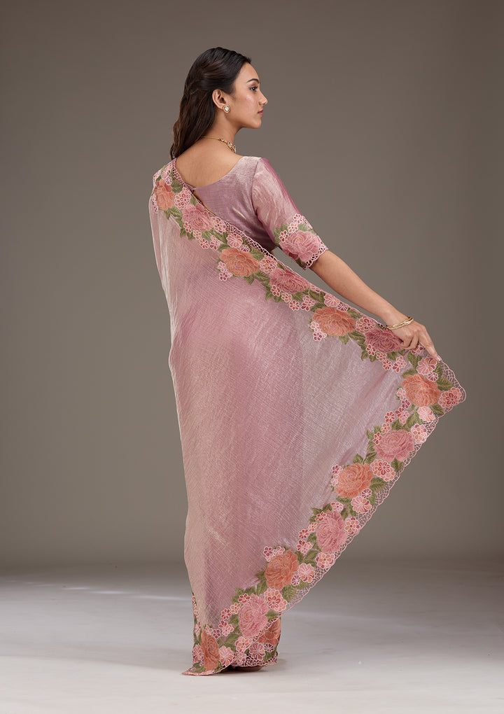 Koskii Tissue Lavender Saree – Elegant Cutwork Design