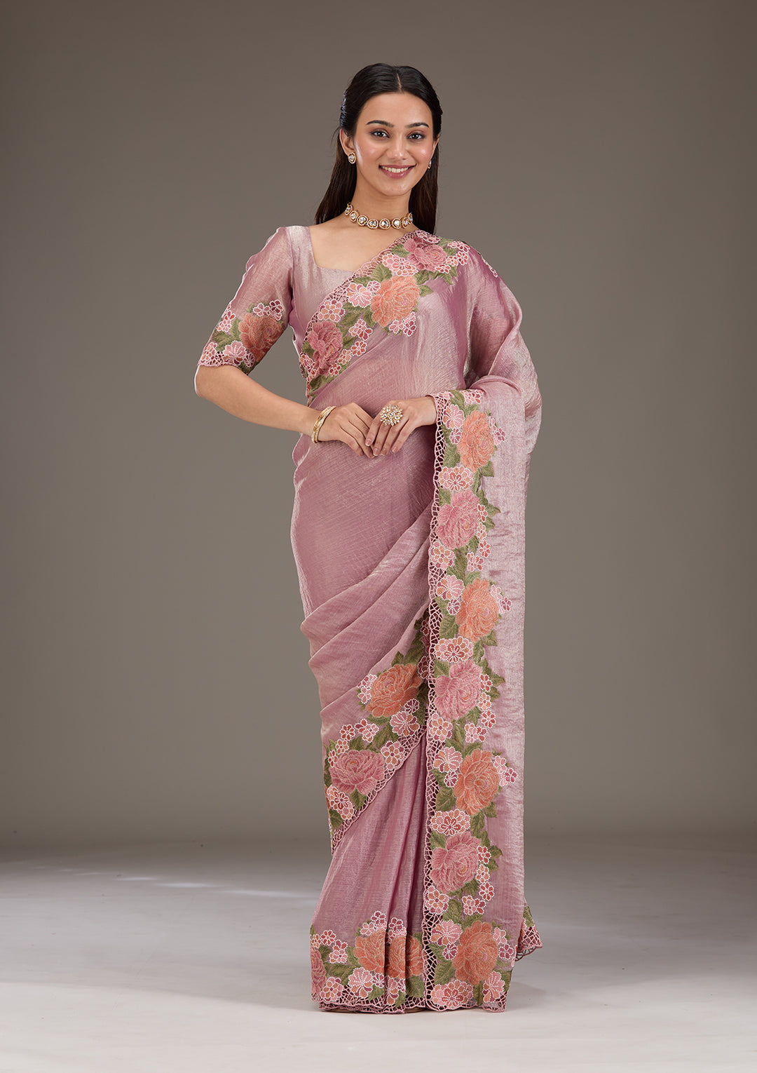 Koskii Tissue Lavender Saree – Elegant Cutwork Design
