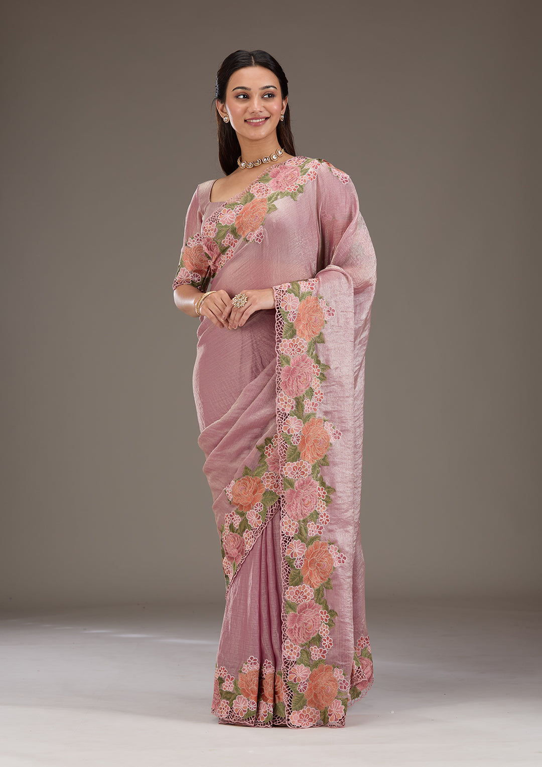 Koskii Tissue Lavender Saree – Elegant Cutwork Design