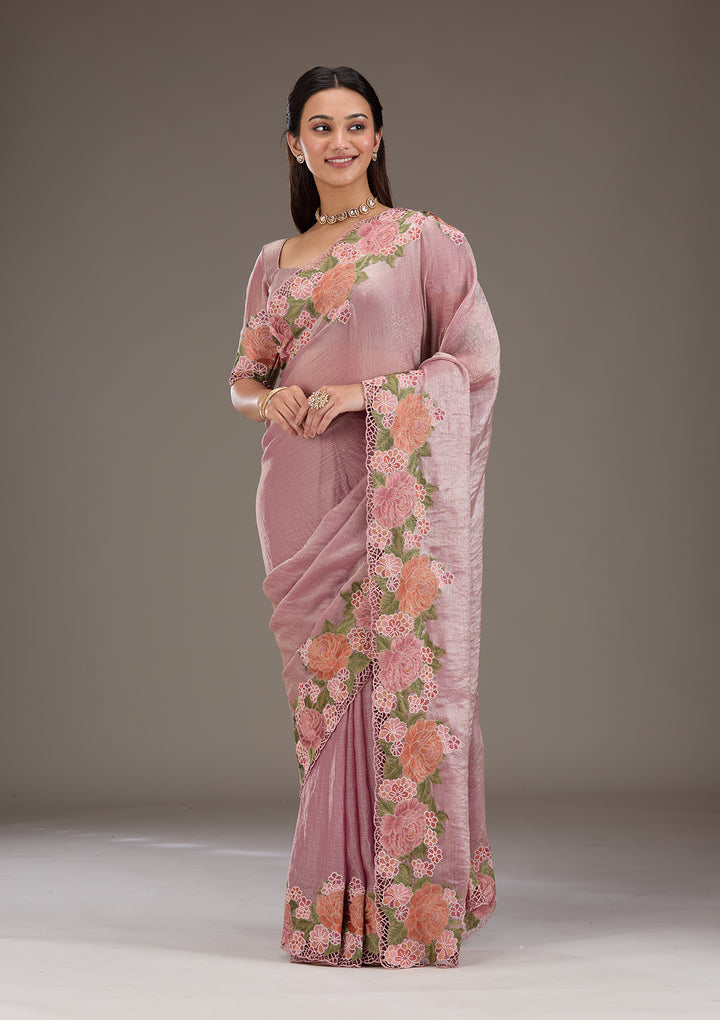Koskii Tissue Lavender Saree – Elegant Cutwork Design