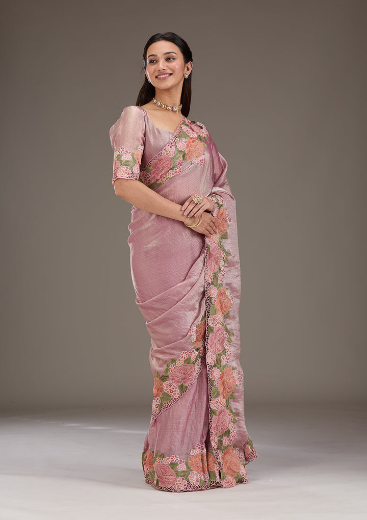 Koskii Tissue Lavender Saree – Elegant Cutwork Design