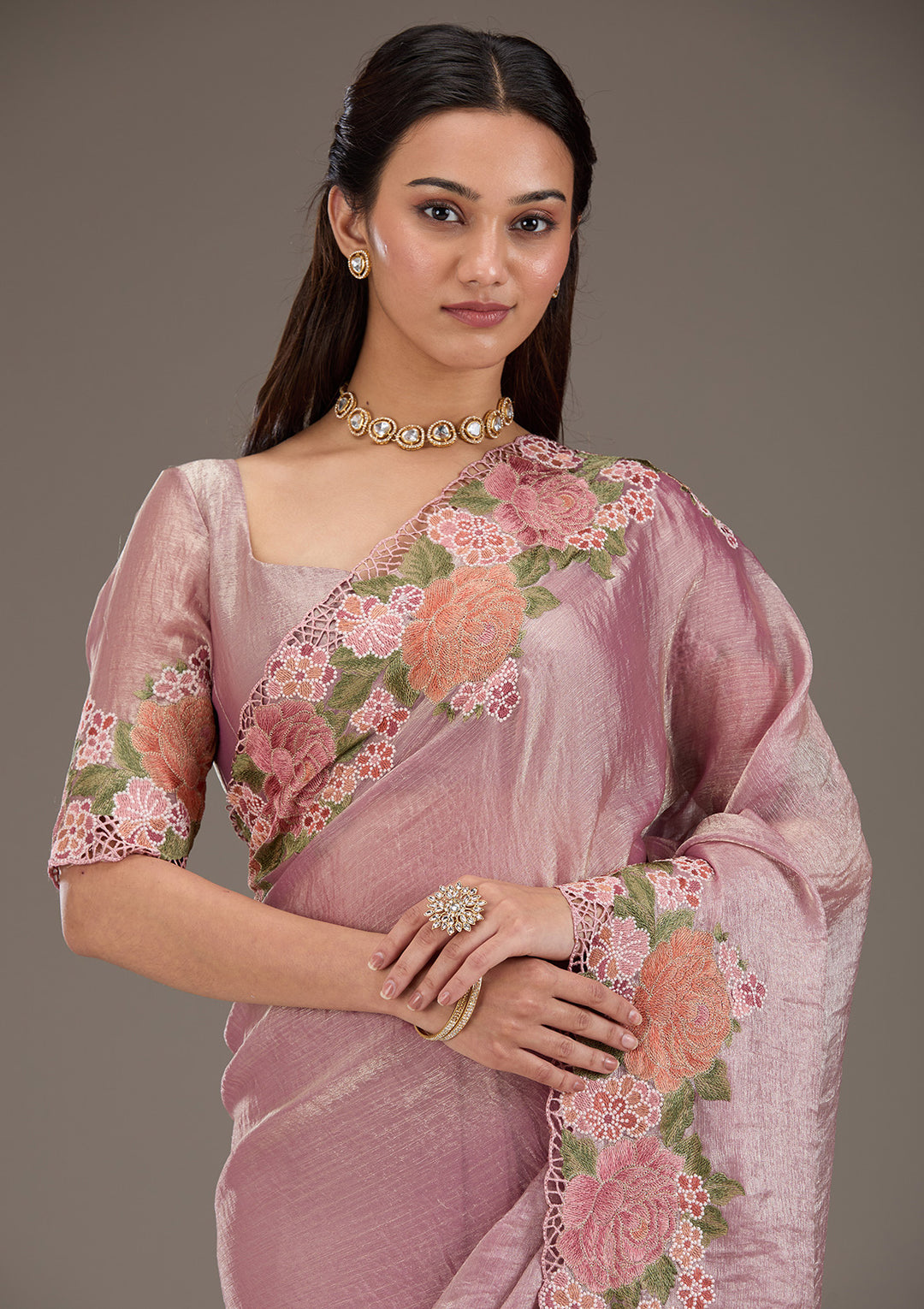Koskii Tissue Lavender Saree – Elegant Cutwork Design