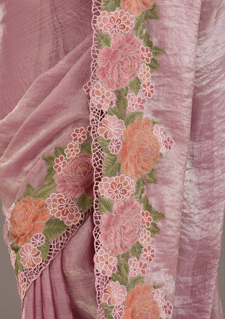 Koskii Tissue Lavender Saree – Elegant Cutwork Design