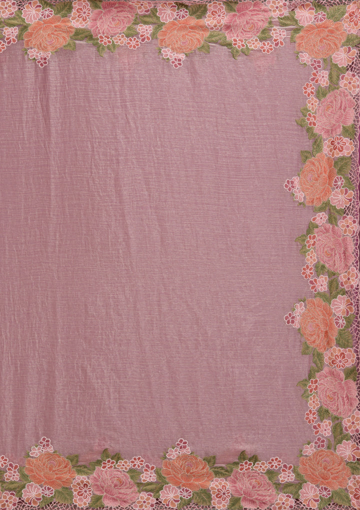 Koskii Tissue Lavender Saree – Elegant Cutwork Design