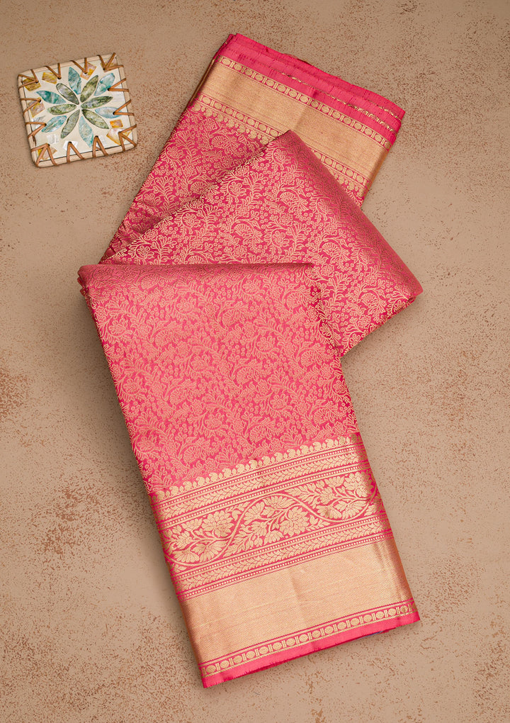 Onion Pink Silk Jaal Gold Zariwork Saree With Matching Blouse Piece