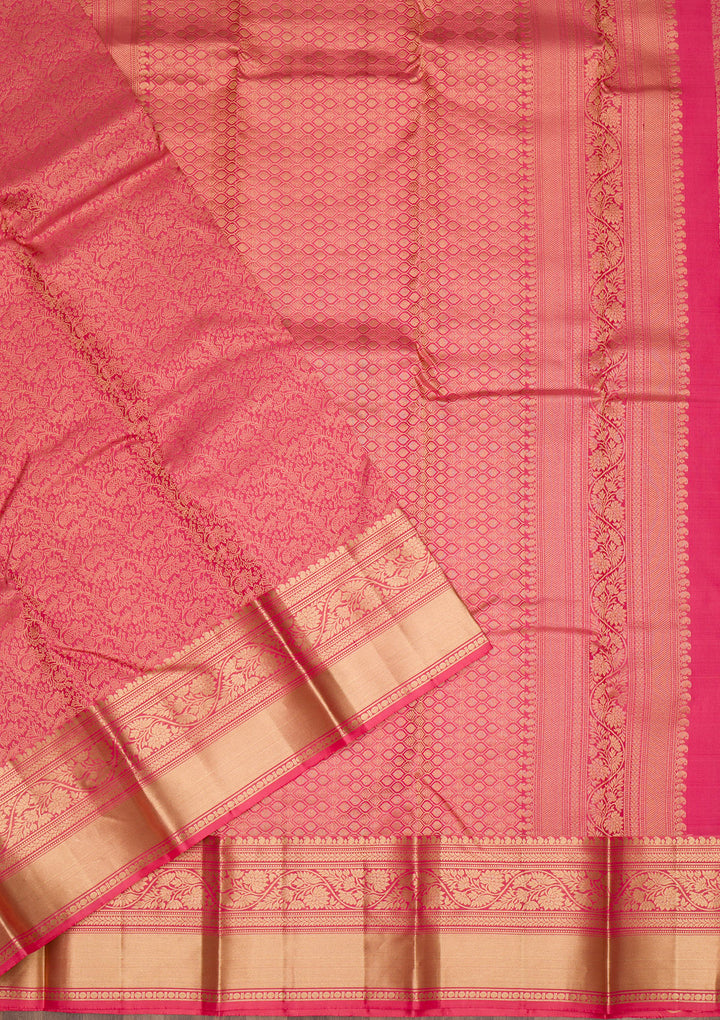Onion Pink Silk Jaal Gold Zariwork Saree With Matching Blouse Piece