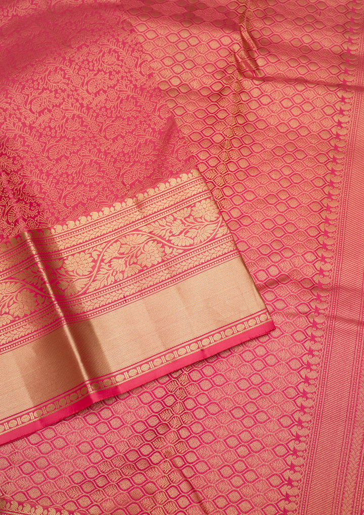 Onion Pink Silk Jaal Gold Zariwork Saree With Matching Blouse Piece