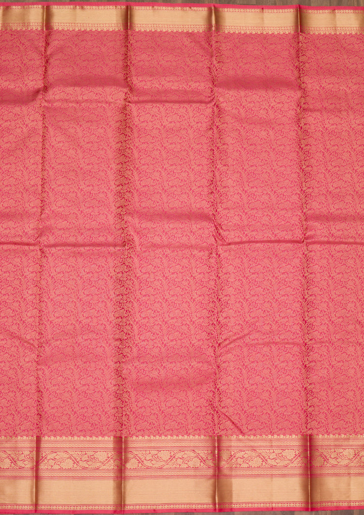 Onion Pink Silk Jaal Gold Zariwork Saree With Matching Blouse Piece