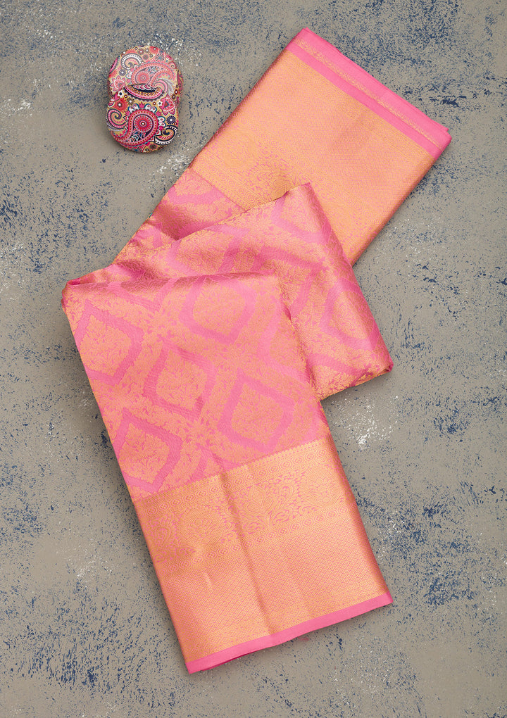 Onion Pink Pure Silk Jaal Gold Zariwork Saree With Matching Blouse Piece