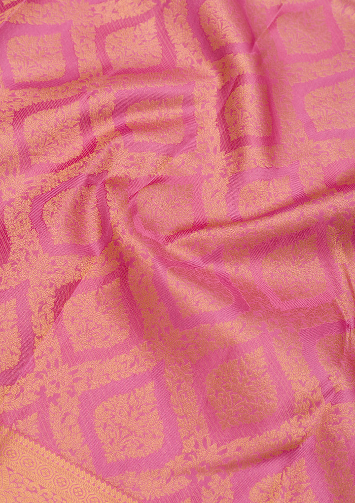 Onion Pink Pure Silk Jaal Gold Zariwork Saree With Matching Blouse Piece