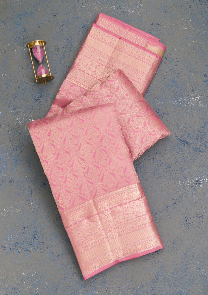 Onion Pink Silk Jaal Gold Zariwork Saree With Matching Blouse Piece