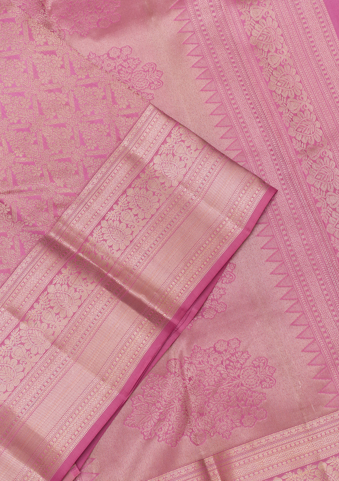 Onion Pink Silk Jaal Gold Zariwork Saree With Matching Blouse Piece
