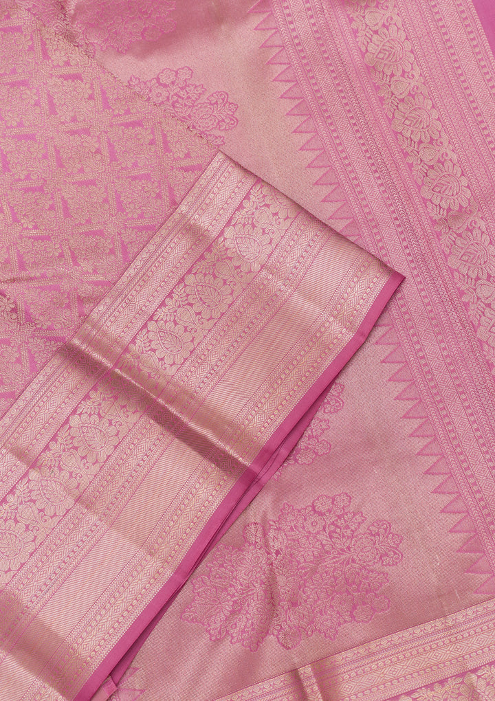 Onion Pink Silk Jaal Gold Zariwork Saree With Matching Blouse Piece