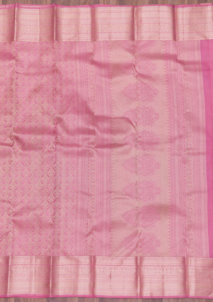 Onion Pink Silk Jaal Gold Zariwork Saree With Matching Blouse Piece