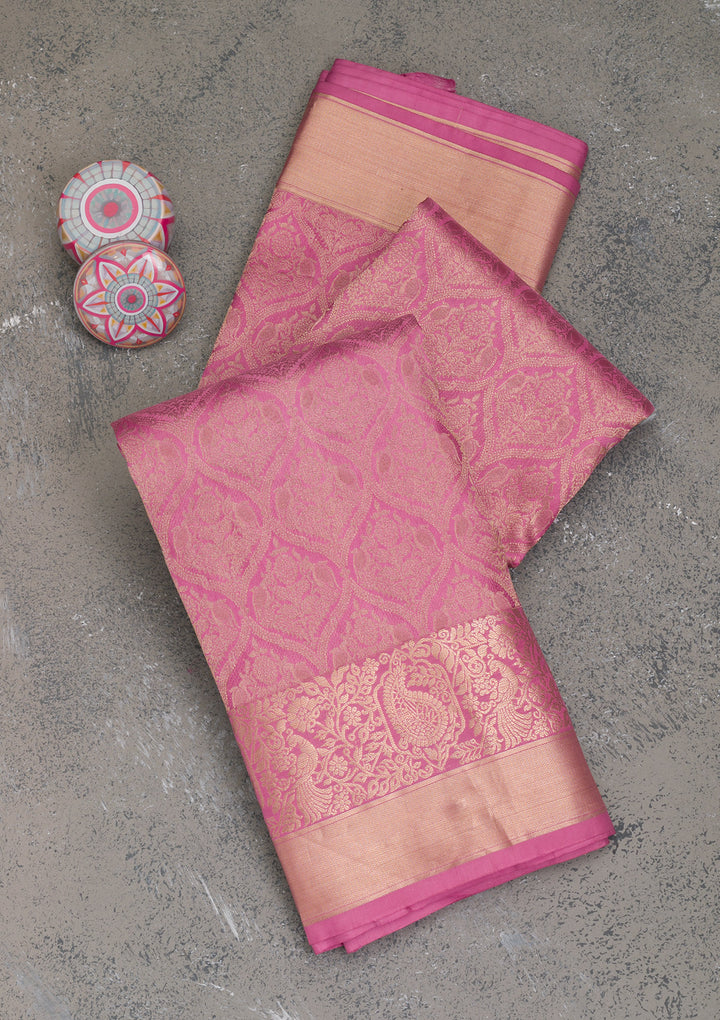 Onion Pink Silk Jaal Gold Zariwork Saree With Matching Blouse Piece