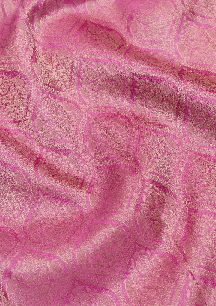 Onion Pink Silk Jaal Gold Zariwork Saree With Matching Blouse Piece