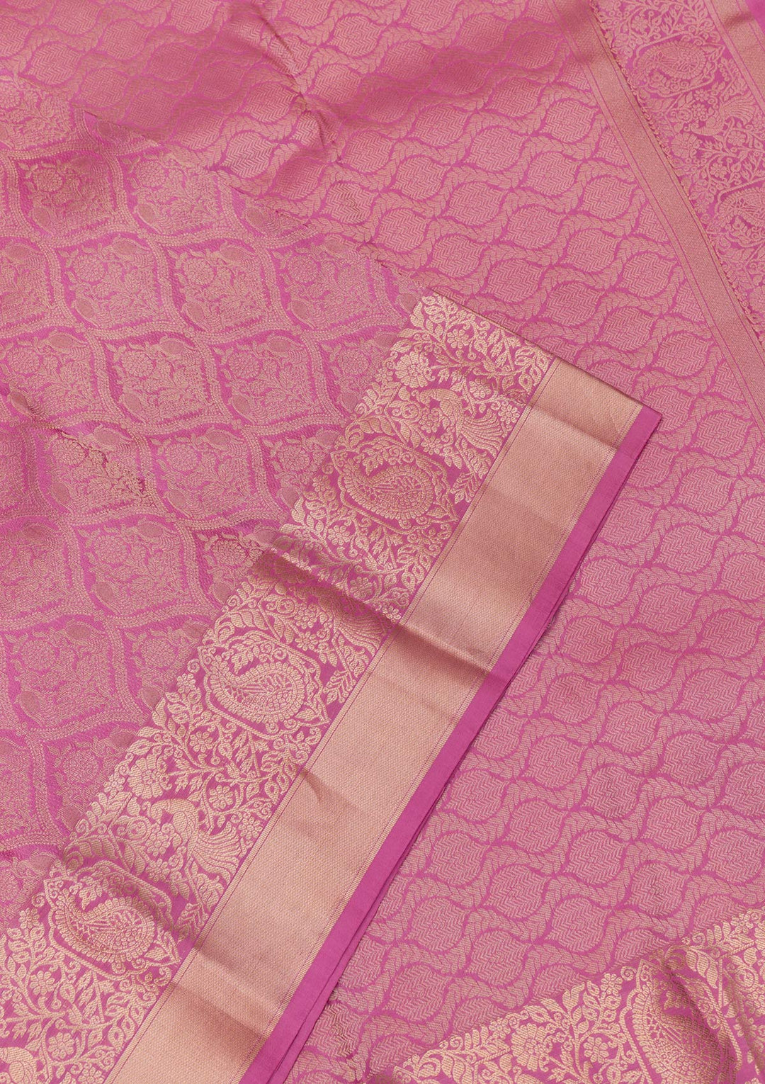 Onion Pink Silk Jaal Gold Zariwork Saree With Matching Blouse Piece