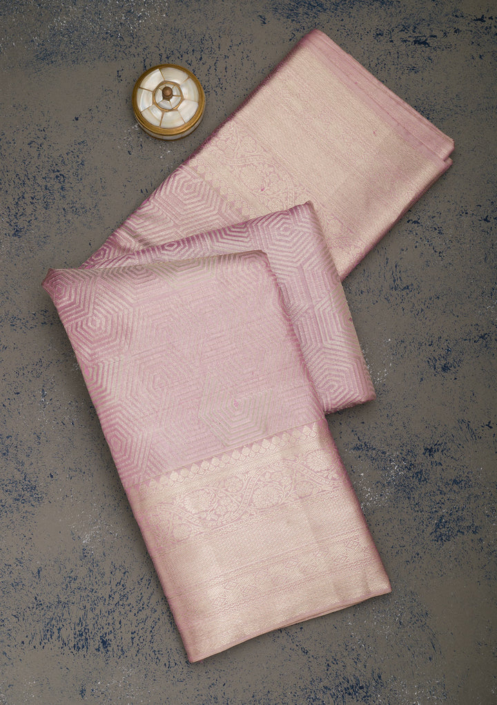 Onion Pink Tissue Jaal Silver Zariwork Saree With Matching Blouse Piece