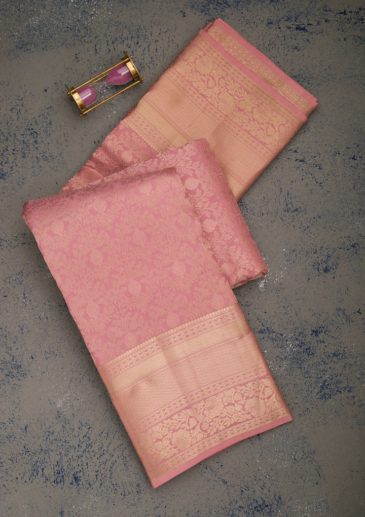 Onion Pink Silk Jaal Gold Zariwork Saree With Matching Blouse Piece