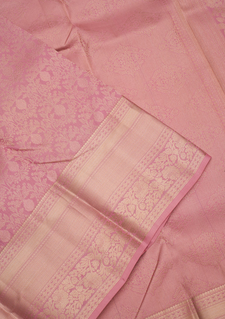 Onion Pink Silk Jaal Gold Zariwork Saree With Matching Blouse Piece
