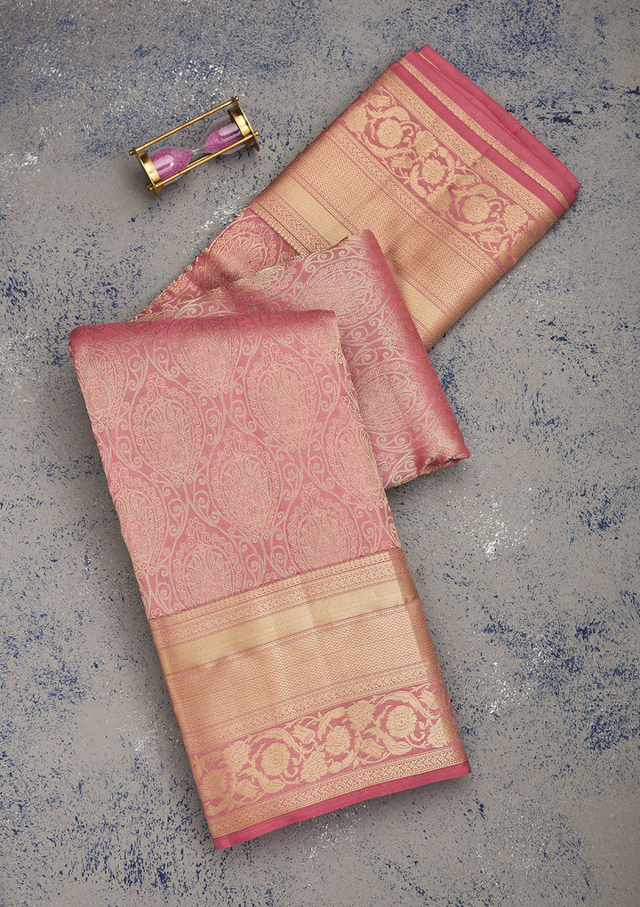 Onion Pink Pure Silk Jaal Gold Zariwork Saree With Matching Blouse Piece