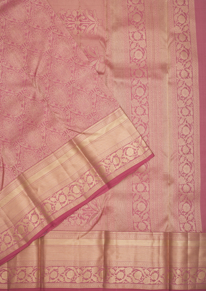 Onion Pink Pure Silk Jaal Gold Zariwork Saree With Matching Blouse Piece