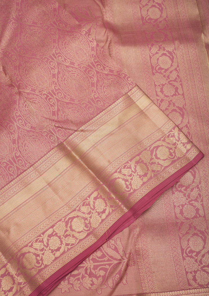 Onion Pink Pure Silk Jaal Gold Zariwork Saree With Matching Blouse Piece