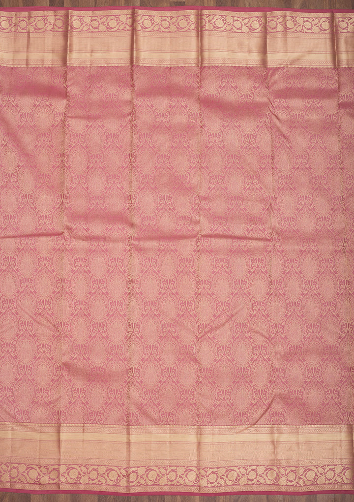 Onion Pink Pure Silk Jaal Gold Zariwork Saree With Matching Blouse Piece